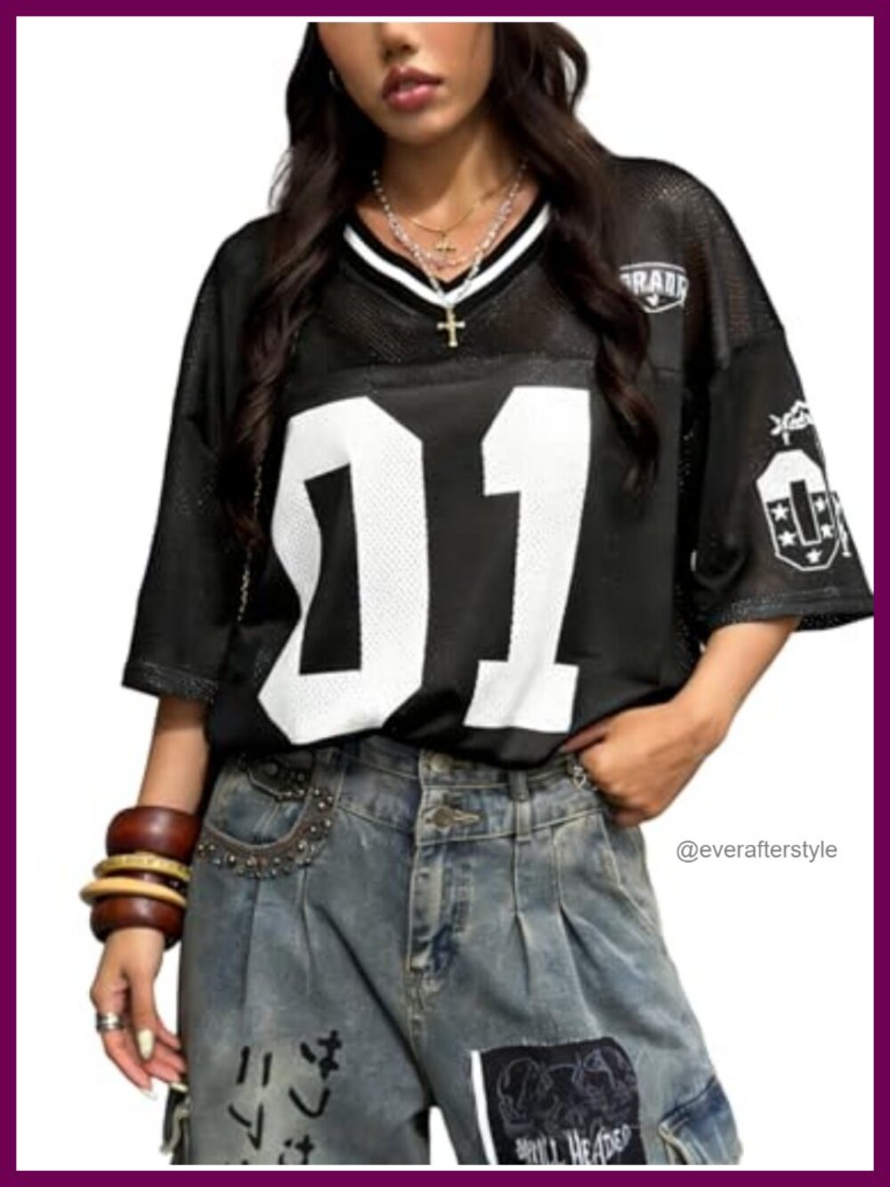 Oversized Y2K Graphic Jersey Tee V-Neck Half Sleeve Letter Print Women's